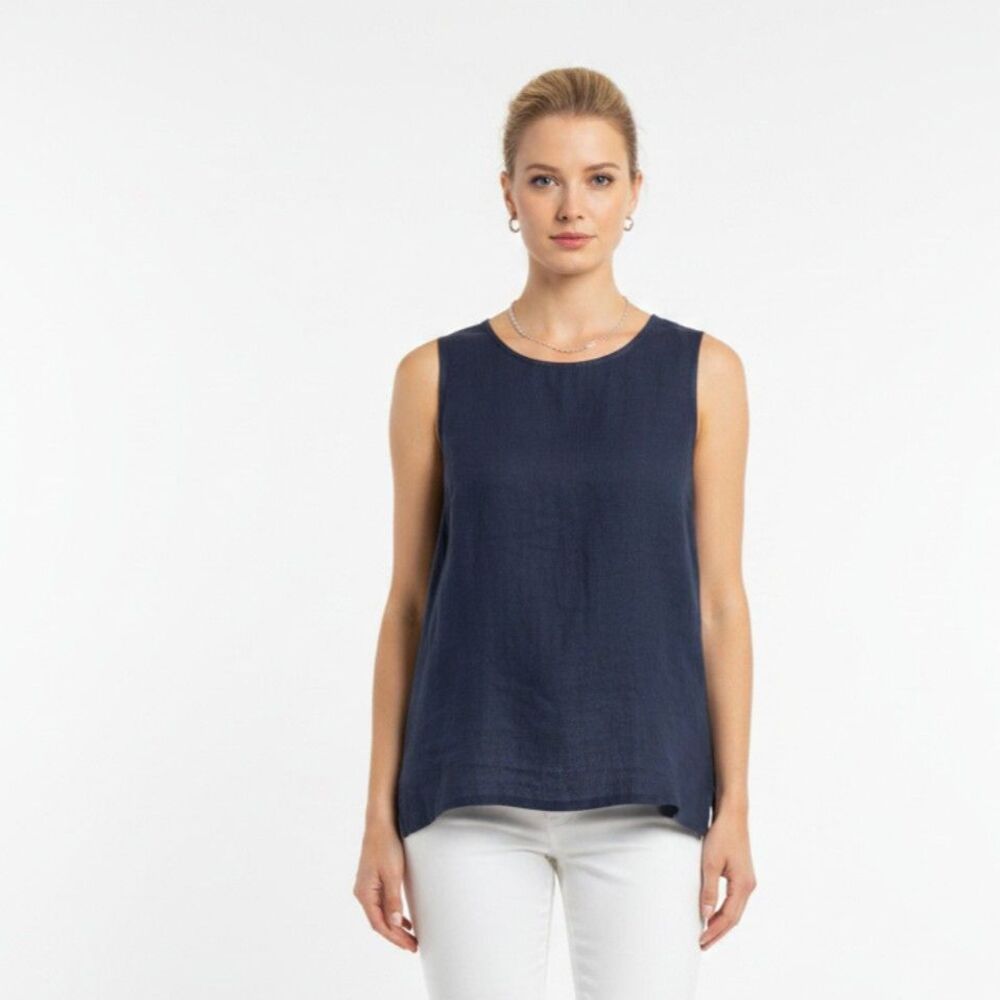 Flax 100% Linen Blue Sleeveless Tunic Top L